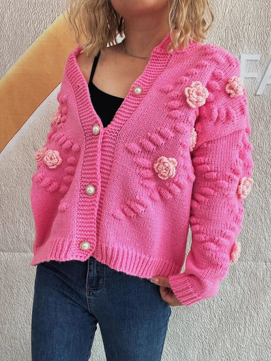 Flower Button Up Long Sleeve Cardigan - Brick + Boho