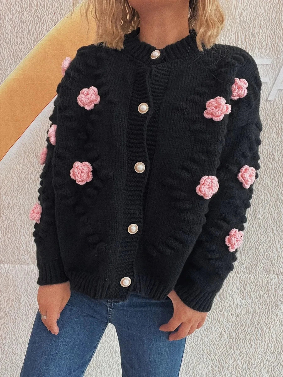 Flower Button Up Long Sleeve Cardigan - Brick + Boho