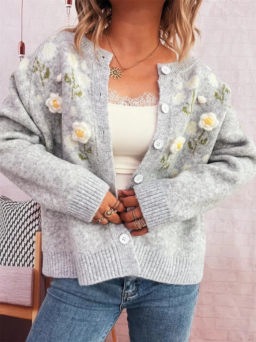 Flower Button Up Long Sleeve Cardigan - Brick + Boho