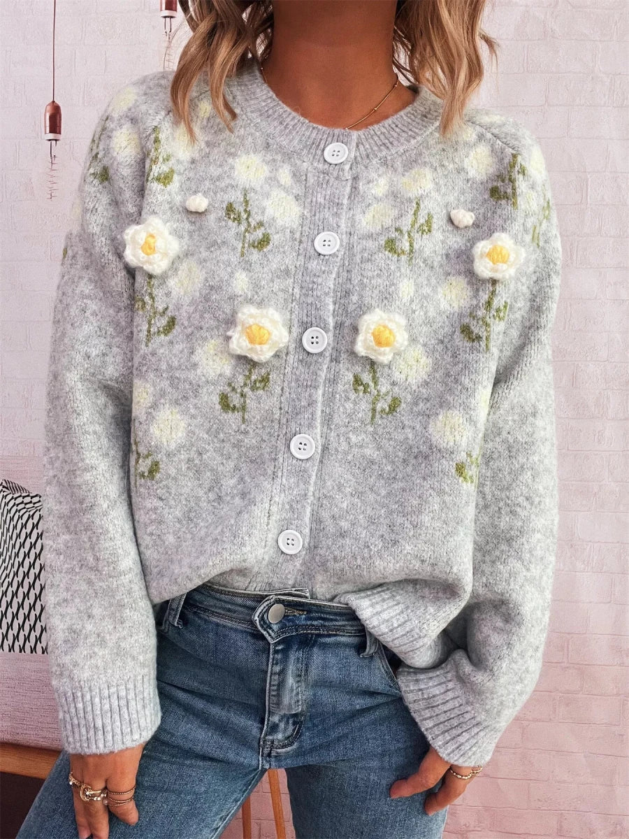 Flower Button Up Long Sleeve Cardigan - Brick + Boho