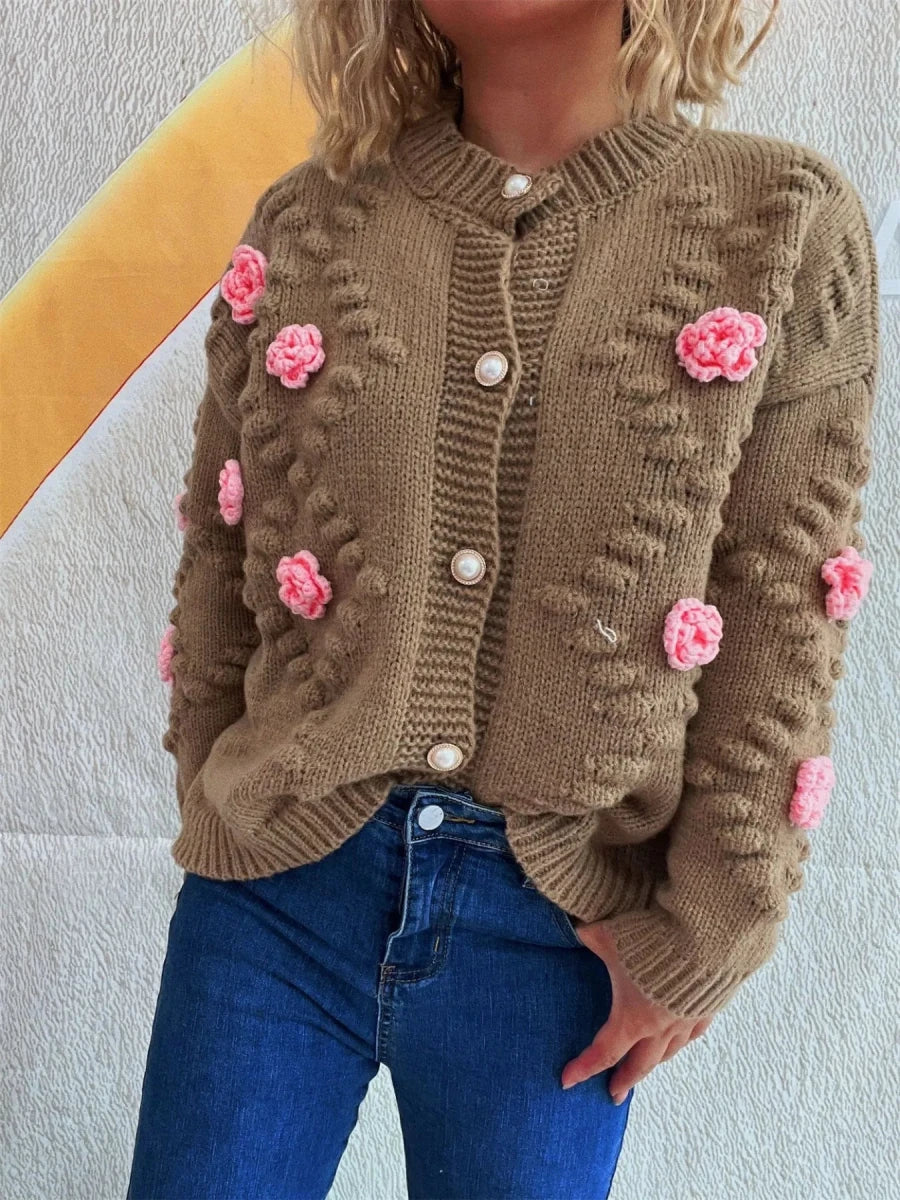 Flower Button Up Long Sleeve Cardigan - Brick + Boho