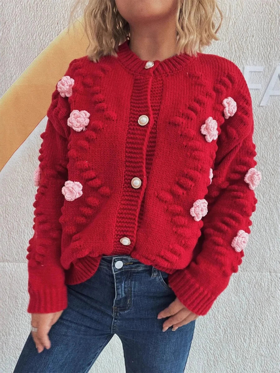 Flower Button Up Long Sleeve Cardigan - Brick + Boho