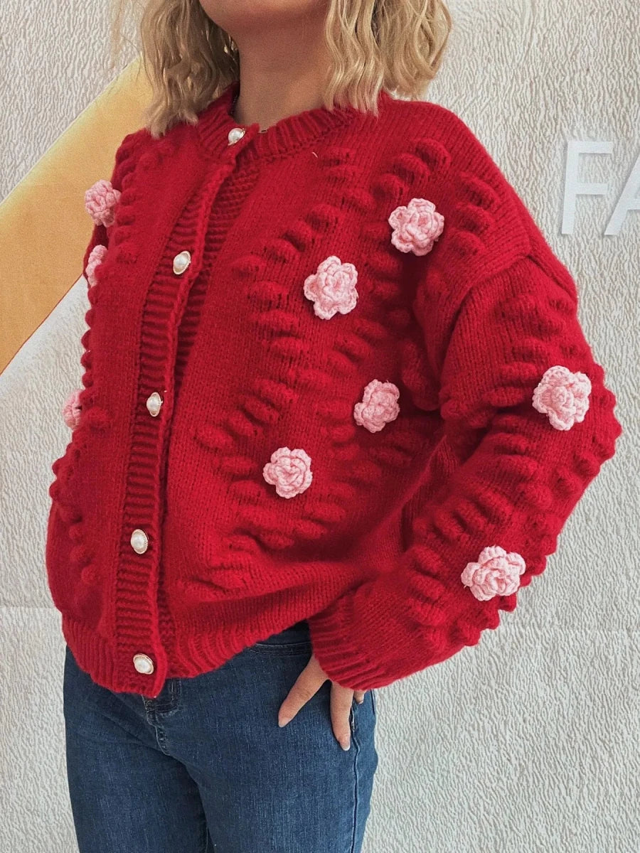 Flower Button Up Long Sleeve Cardigan - Brick + Boho