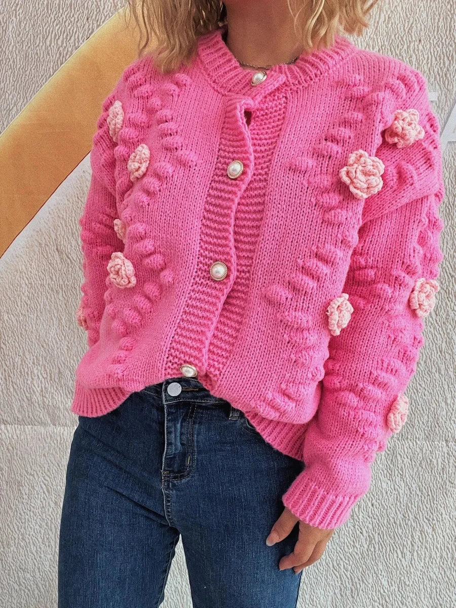 Flower Button Up Long Sleeve Cardigan - Brick + Boho