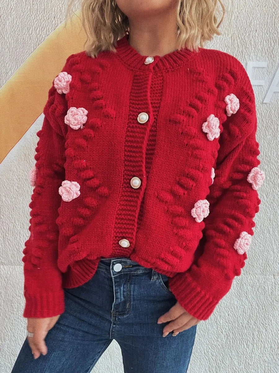 Flower Button Up Long Sleeve Cardigan - Brick + Boho