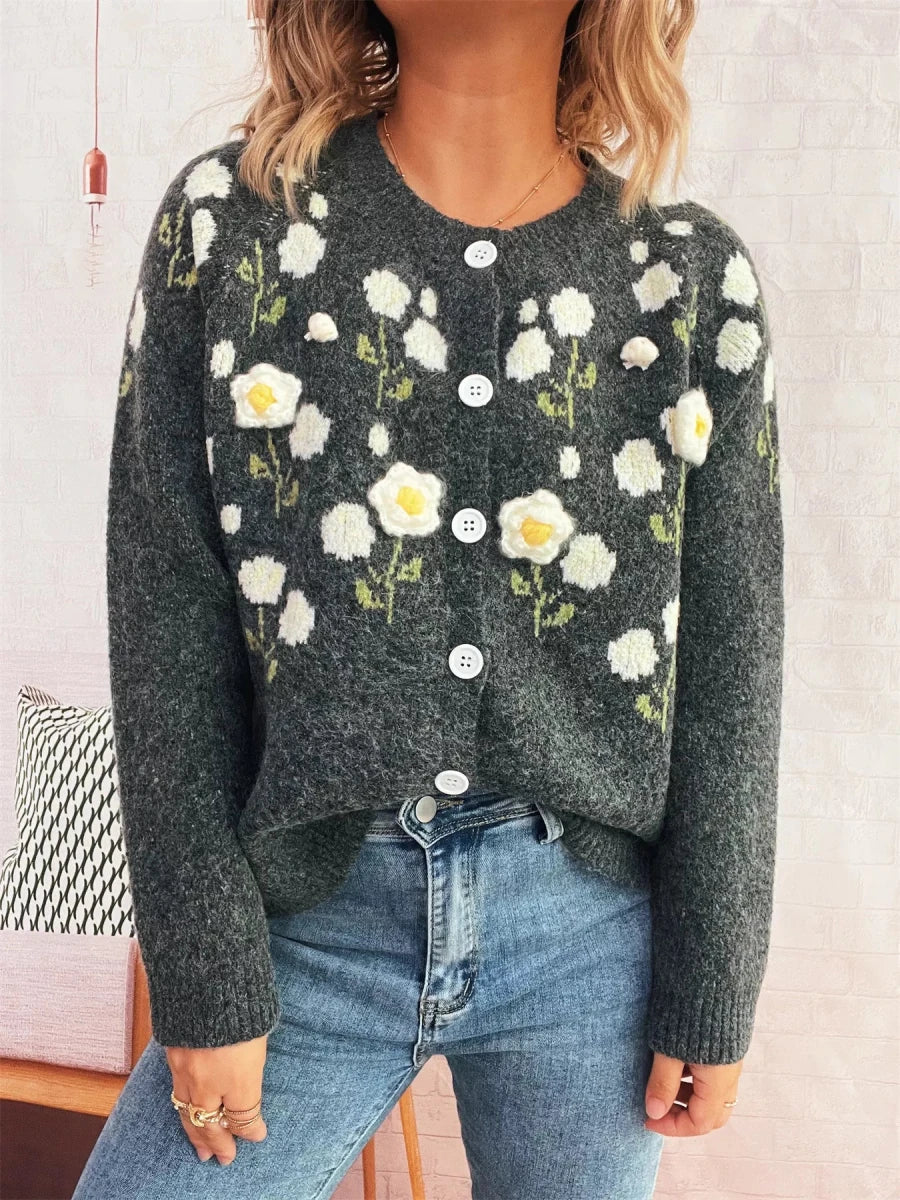 Flower Button Up Long Sleeve Cardigan - Brick + Boho