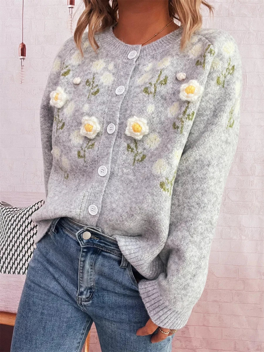 Flower Button Up Long Sleeve Cardigan - Brick + Boho