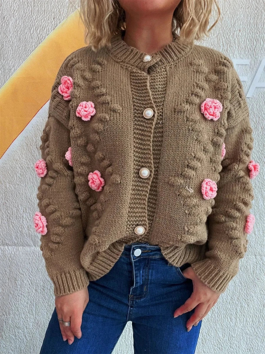 Flower Button Up Long Sleeve Cardigan - Brick + Boho
