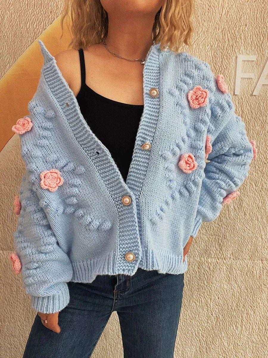 Flower Button Up Long Sleeve Cardigan - Brick + Boho
