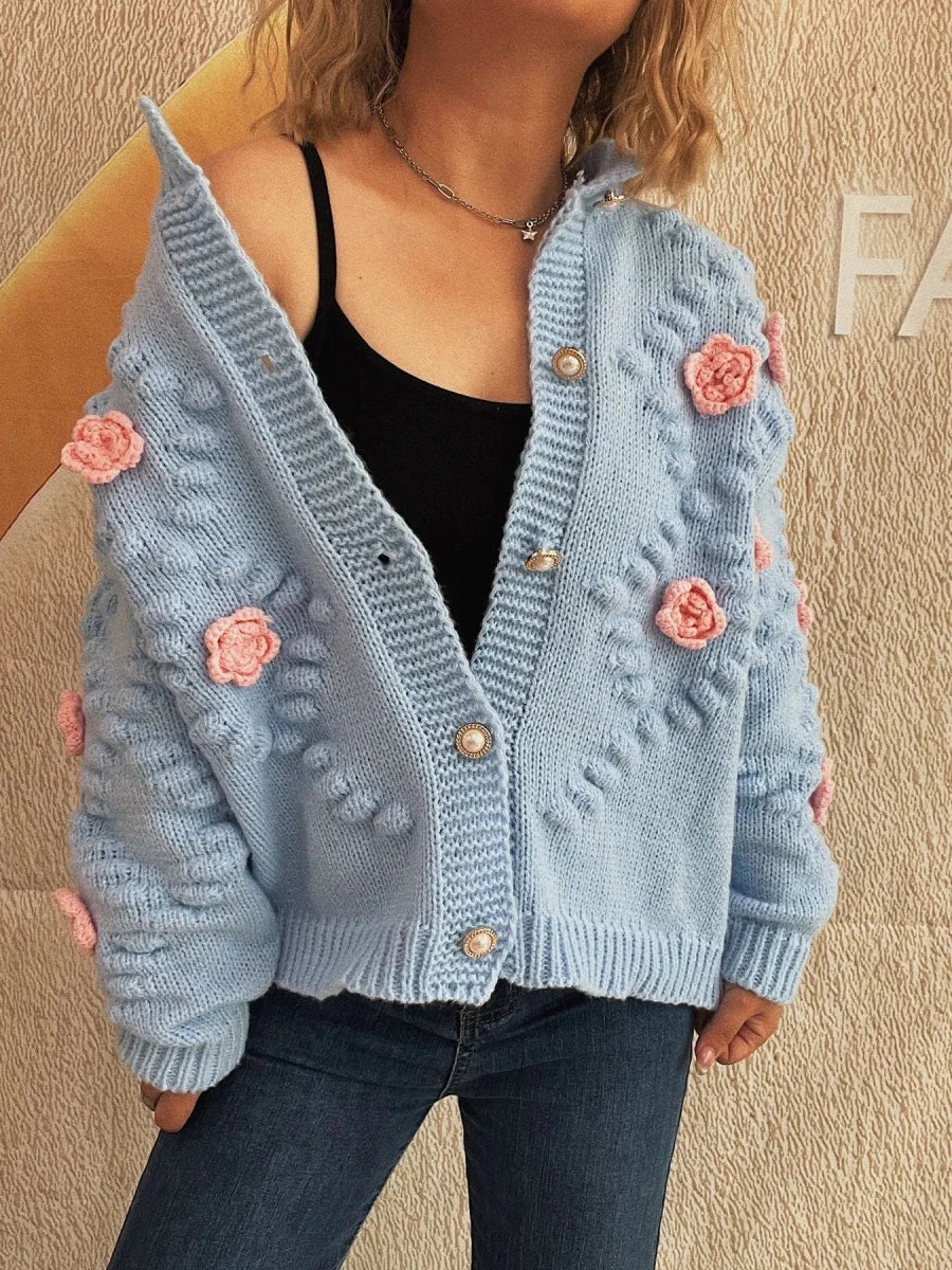 Flower Button Up Long Sleeve Cardigan - Brick + Boho