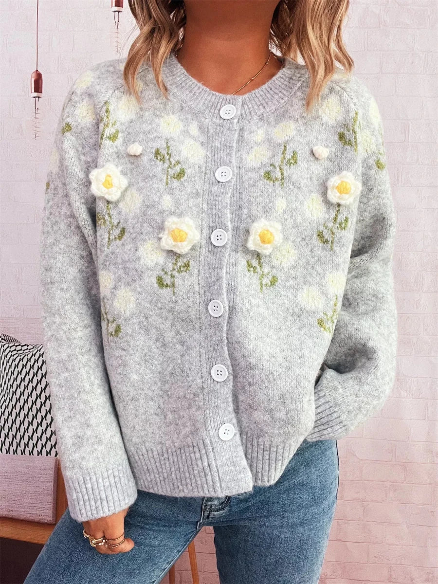 Flower Button Up Long Sleeve Cardigan - Brick + Boho