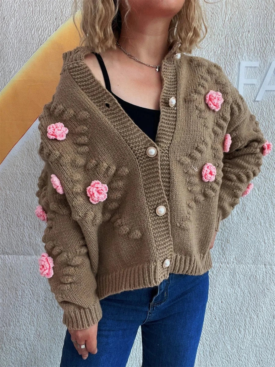 Flower Button Up Long Sleeve Cardigan - Brick + Boho