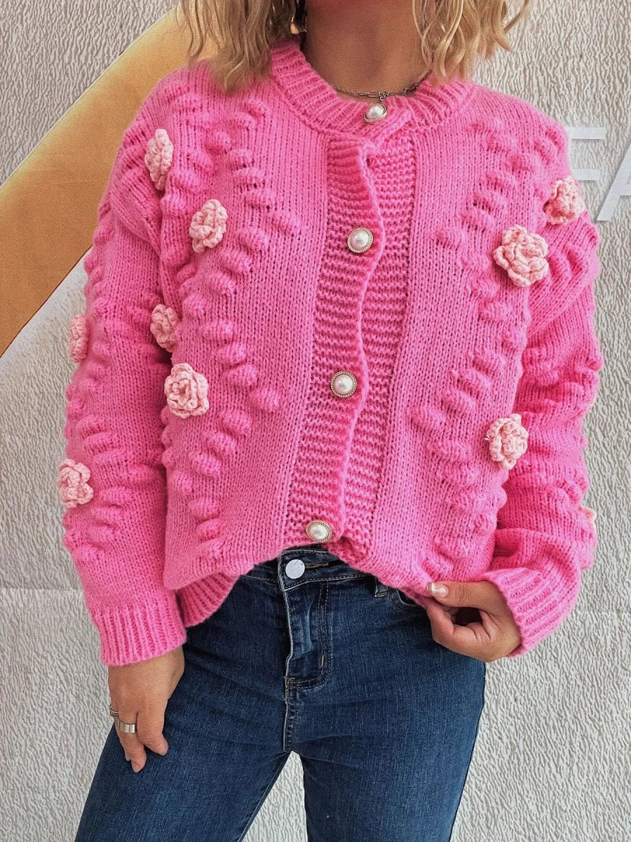 Flower Button Up Long Sleeve Cardigan - Brick + Boho