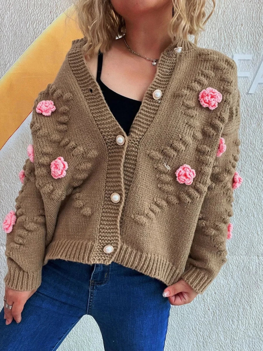 Flower Button Up Long Sleeve Cardigan - Brick + Boho