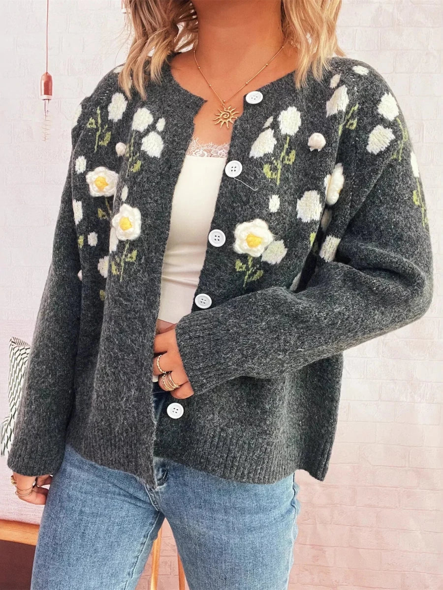 Flower Button Up Long Sleeve Cardigan - Brick + Boho
