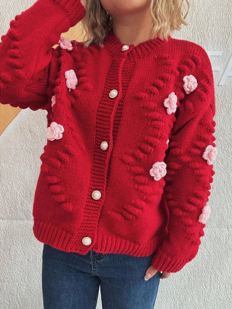 Flower Button Up Long Sleeve Cardigan - Brick + Boho