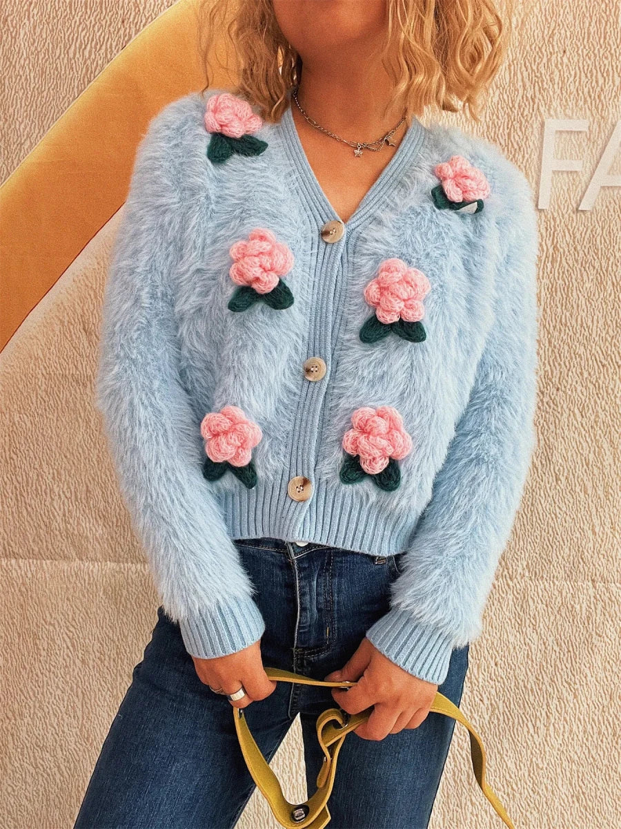 Flower Fuzzy Button - Up Cardigan - Brick + Boho