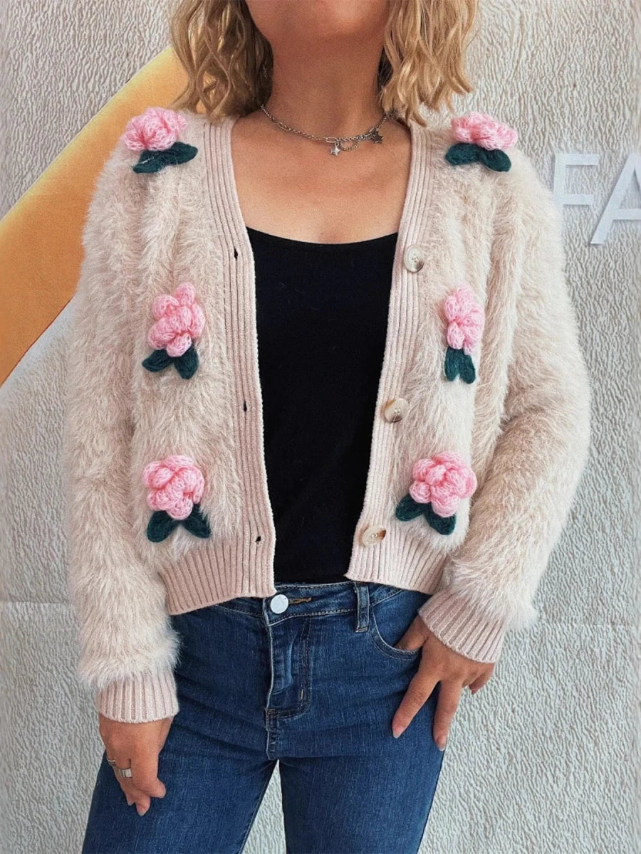 Flower Fuzzy Button - Up Cardigan - Brick + Boho