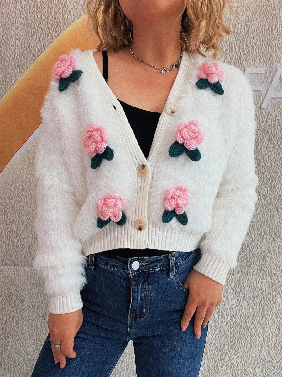 Flower Fuzzy Button - Up Cardigan - Brick + Boho