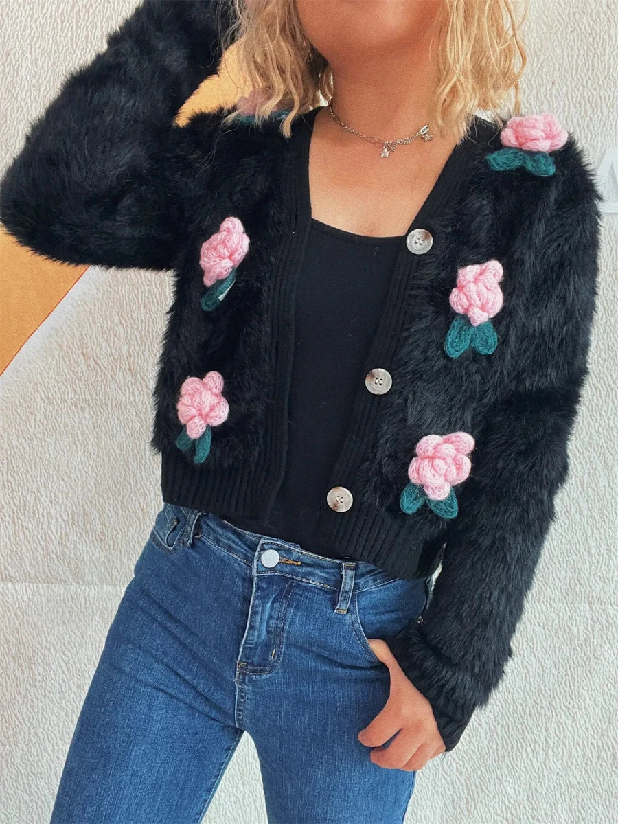 Flower Fuzzy Button - Up Cardigan - Brick + Boho