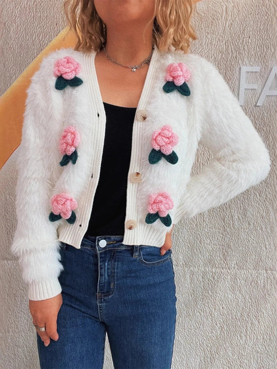 Flower Fuzzy Button - Up Cardigan - Brick + Boho
