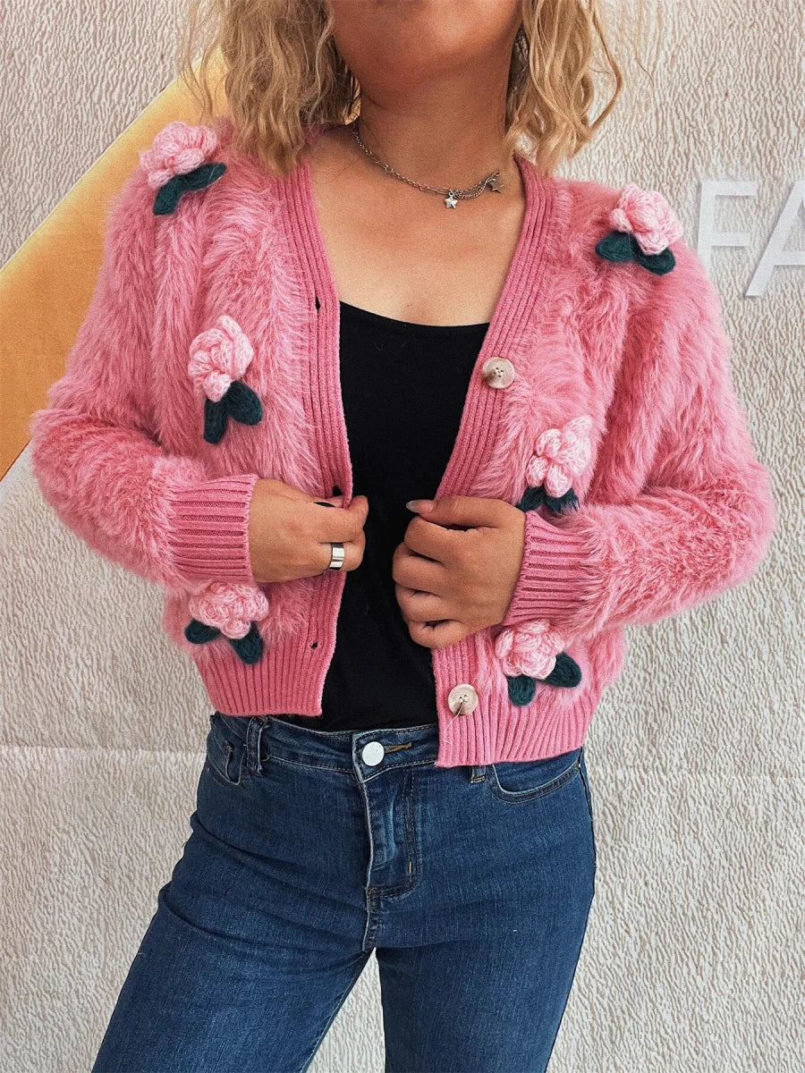Flower Fuzzy Button - Up Cardigan - Brick + Boho