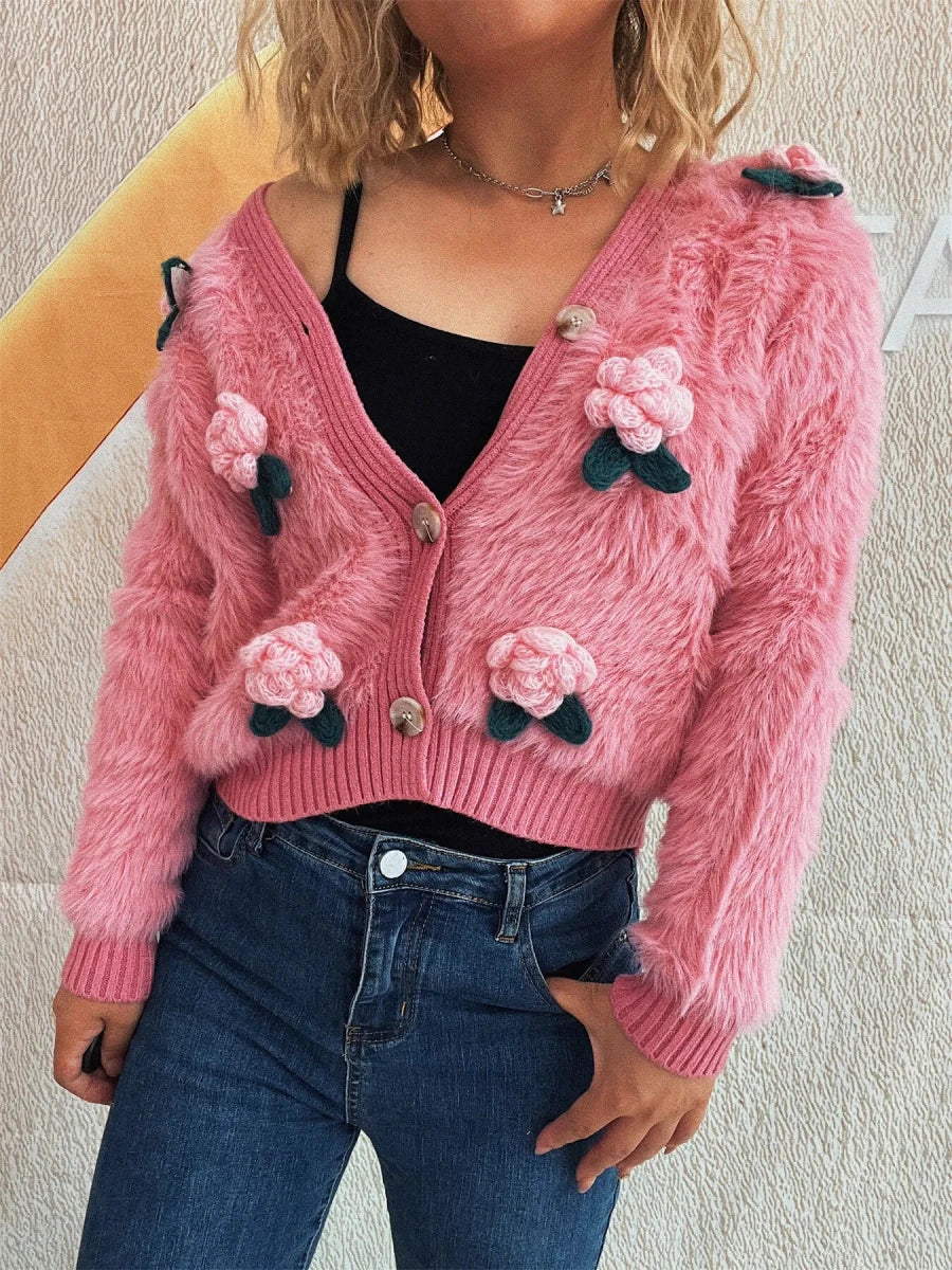 Flower Fuzzy Button - Up Cardigan - Brick + Boho