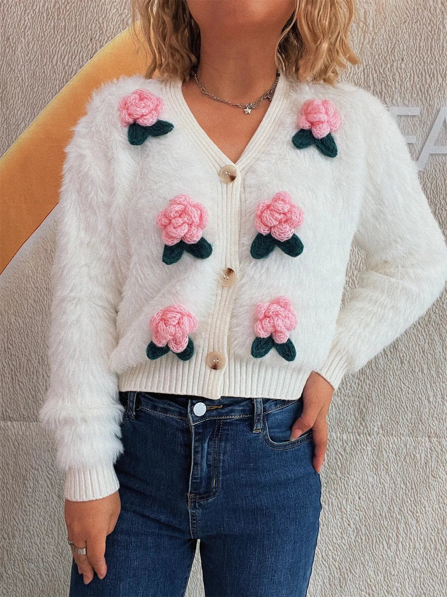 Flower Fuzzy Button - Up Cardigan - Brick + Boho