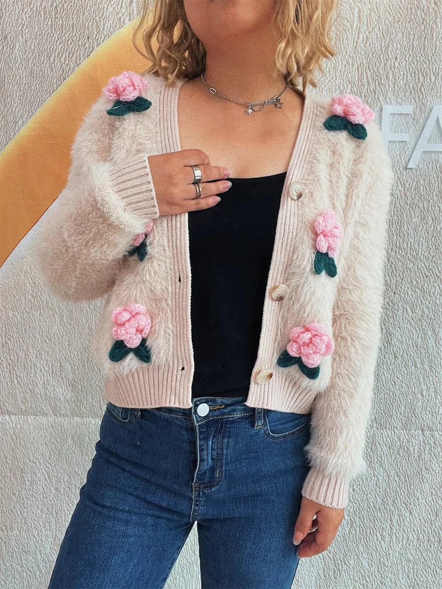 Flower Fuzzy Button - Up Cardigan - Brick + Boho