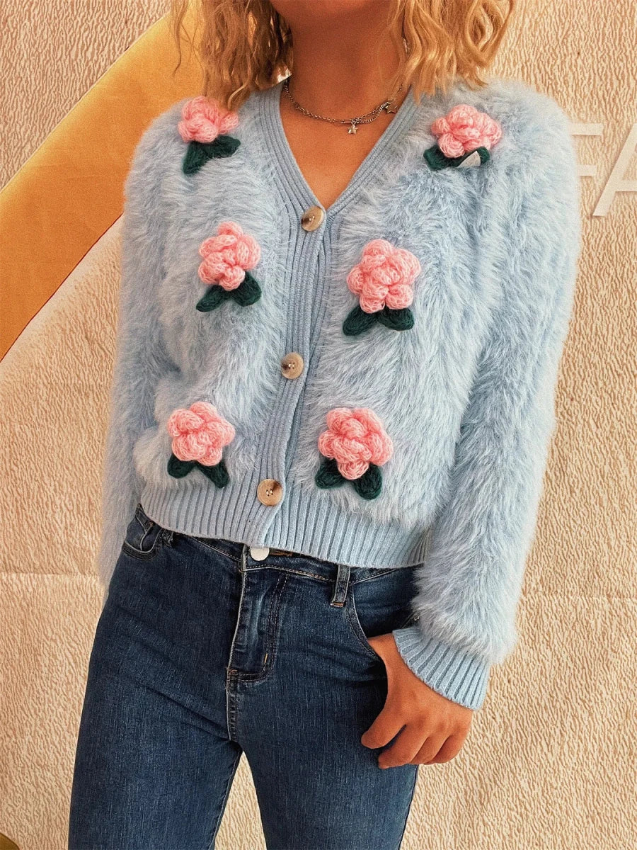 Flower Fuzzy Button - Up Cardigan - Brick + Boho