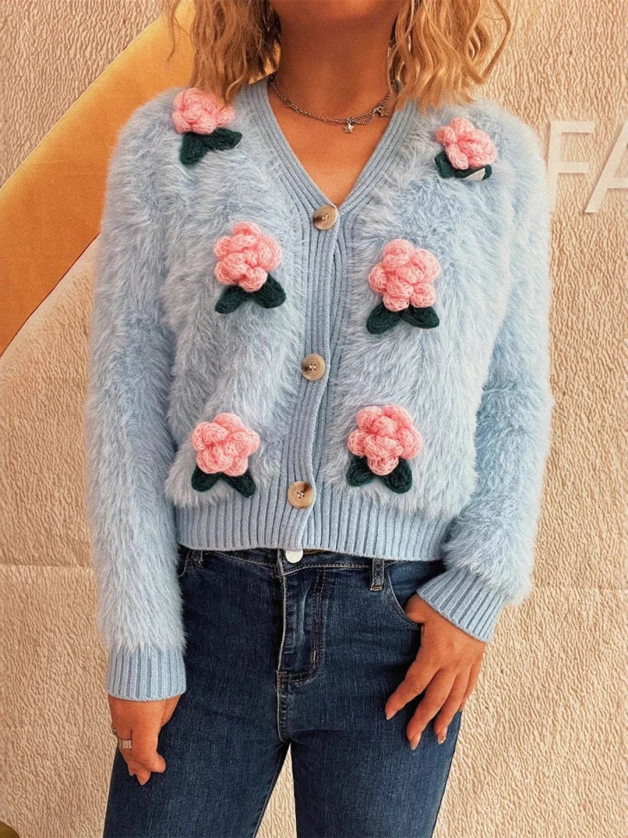 Flower Fuzzy Button - Up Cardigan - Brick + Boho