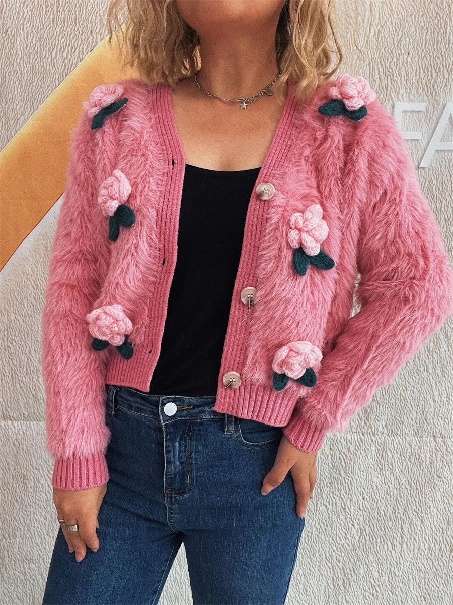 Flower Fuzzy Button - Up Cardigan - Brick + Boho