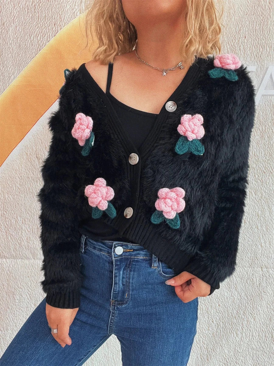 Flower Fuzzy Button - Up Cardigan - Brick + Boho