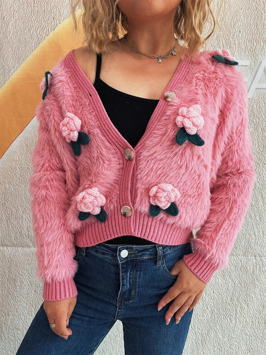 Flower Fuzzy Button - Up Cardigan - Brick + Boho