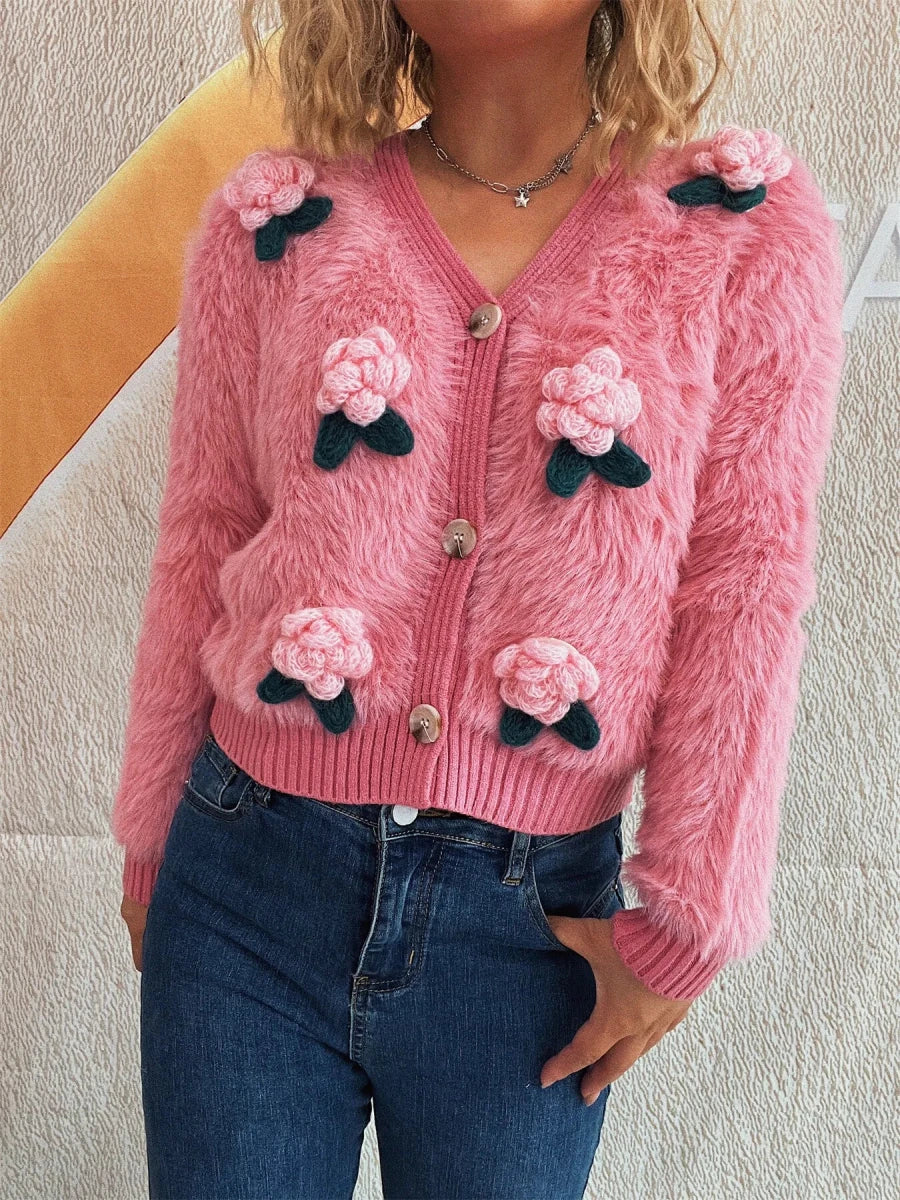 Flower Fuzzy Button - Up Cardigan - Brick + Boho