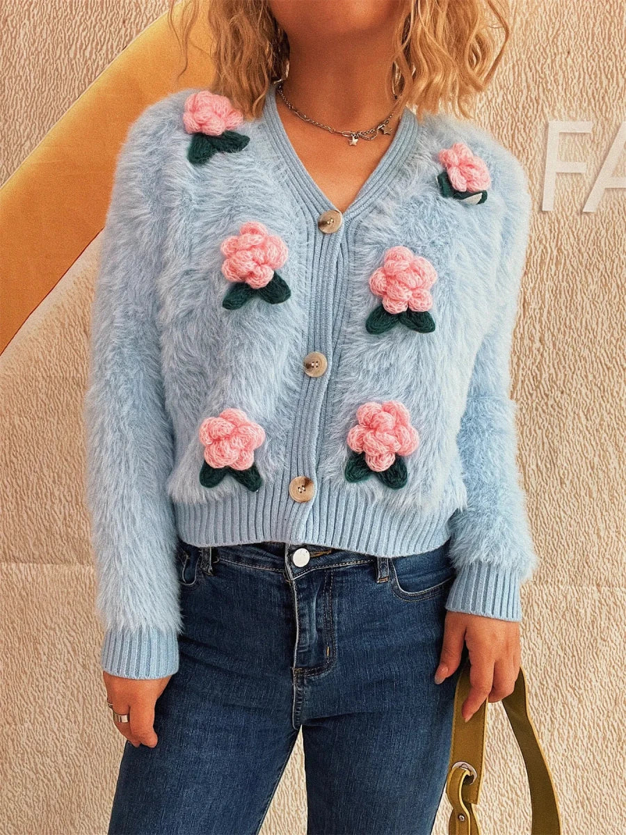 Flower Fuzzy Button - Up Cardigan - Brick + Boho