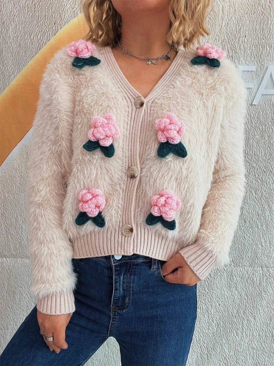 Flower Fuzzy Button - Up Cardigan - Brick + Boho