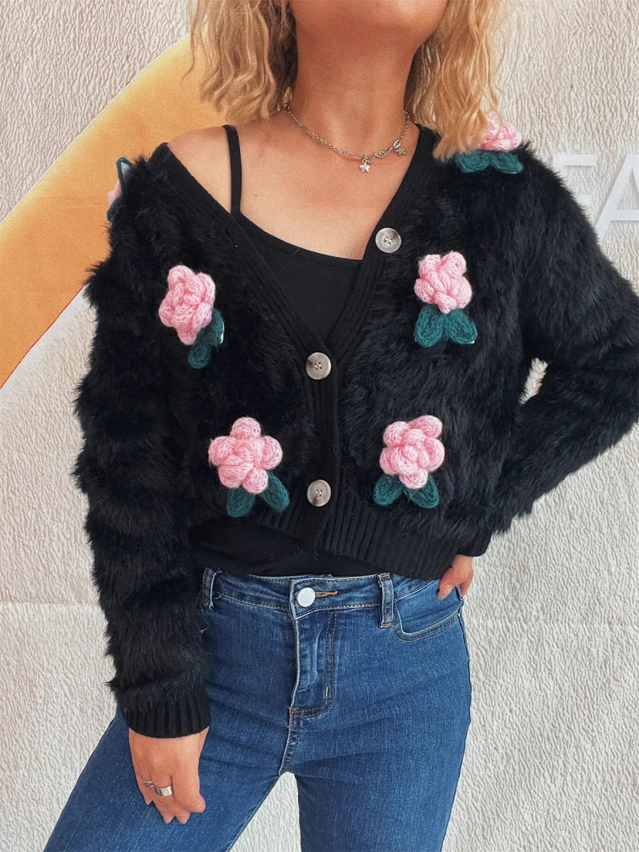 Flower Fuzzy Button - Up Cardigan - Brick + Boho