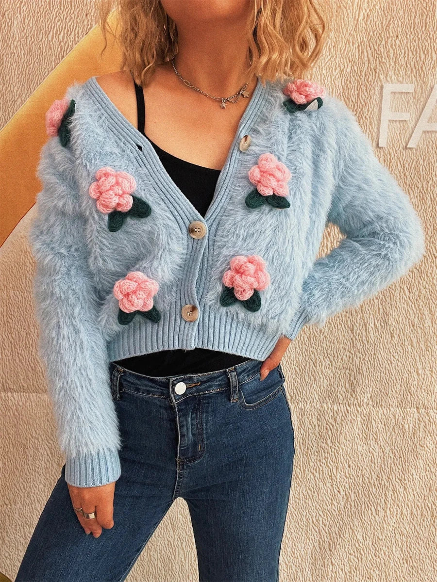 Flower Fuzzy Button - Up Cardigan - Brick + Boho