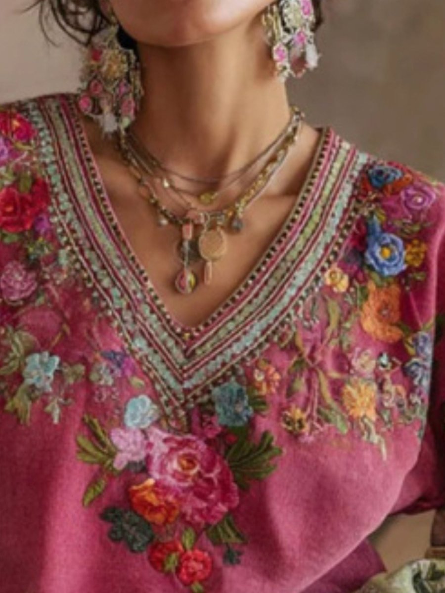 Full Size Floral Embroidered V - Neck Blouse Plus Size - Brick + Boho