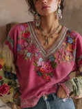 Full Size Floral Embroidered V - Neck Blouse Plus Size - Brick + Boho