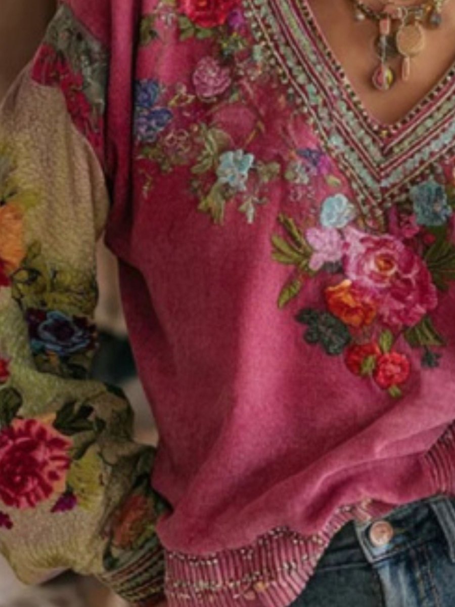 Full Size Floral Embroidered V - Neck Blouse Plus Size - Brick + Boho