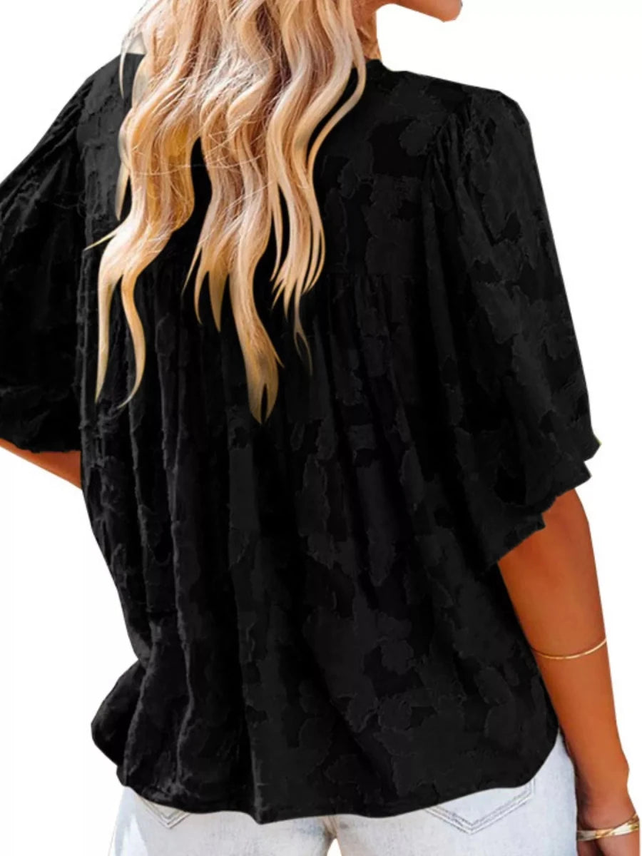 Full Size Textured V - Neck Button - Down Shirt Plus Size - Brick + Boho