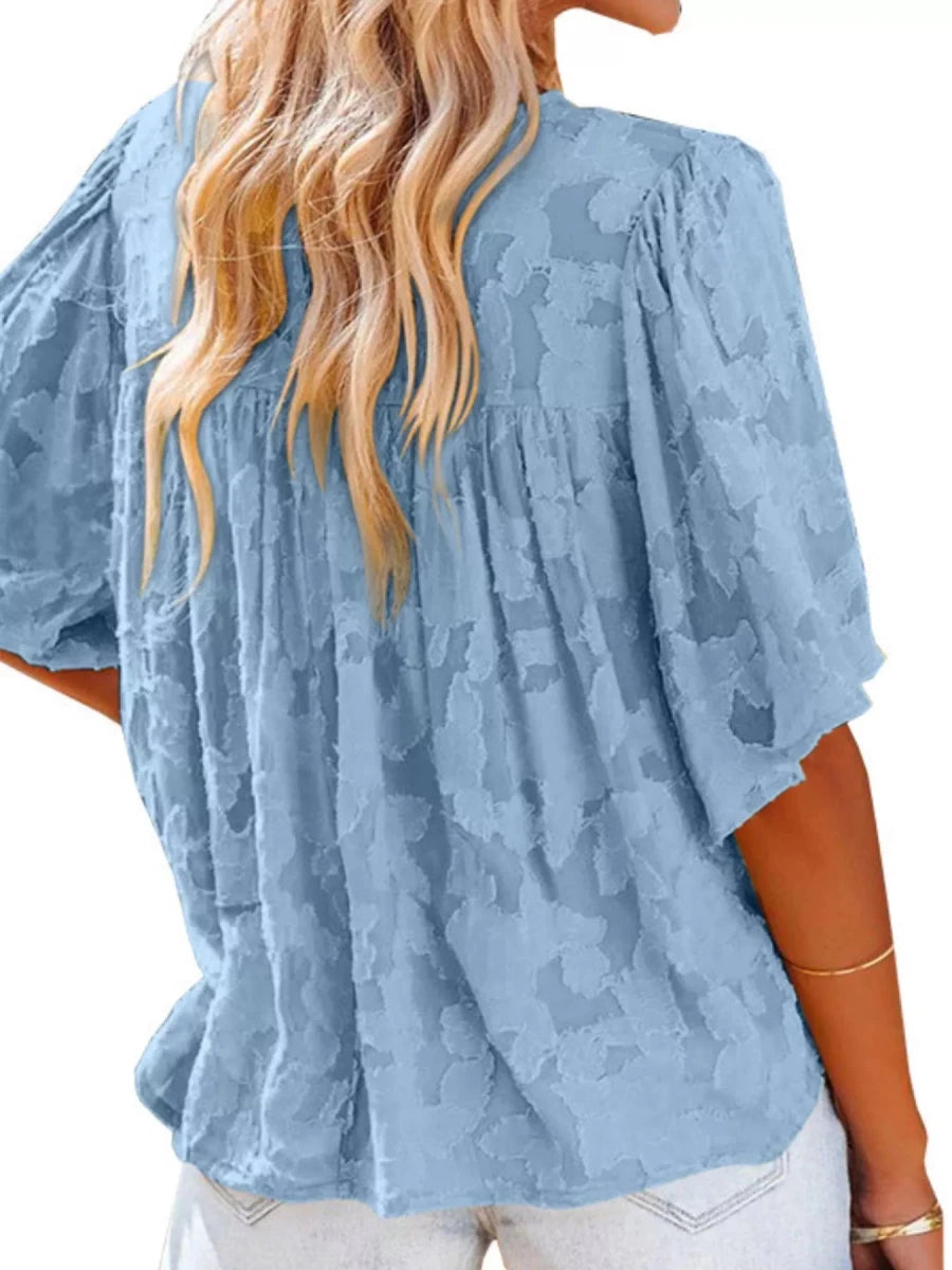 Full Size Textured V - Neck Button - Down Shirt Plus Size - Brick + Boho