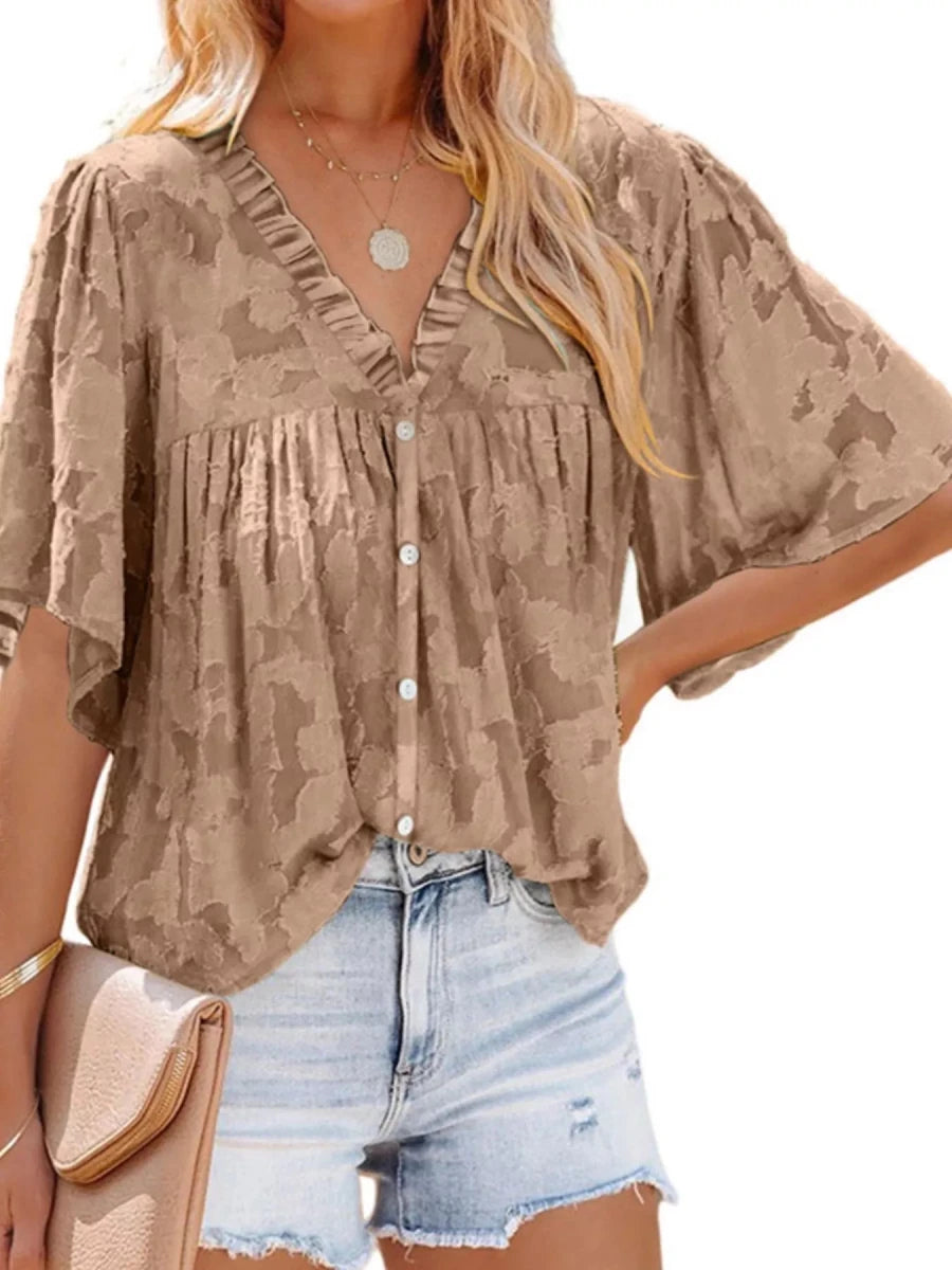 Full Size Textured V - Neck Button - Down Shirt Plus Size - Brick + Boho
