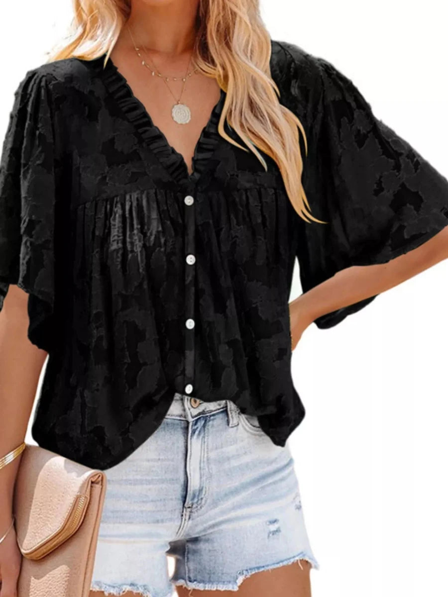 Full Size Textured V - Neck Button - Down Shirt Plus Size - Brick + Boho