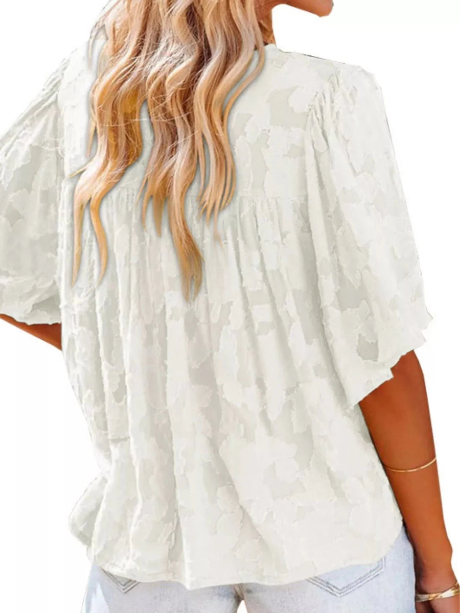 Full Size Textured V - Neck Button - Down Shirt Plus Size - Brick + Boho