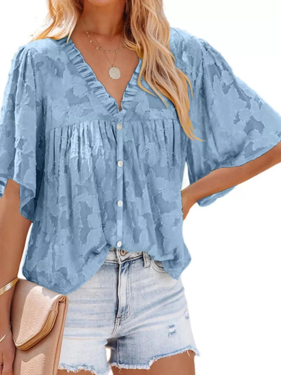Full Size Textured V - Neck Button - Down Shirt Plus Size - Brick + Boho