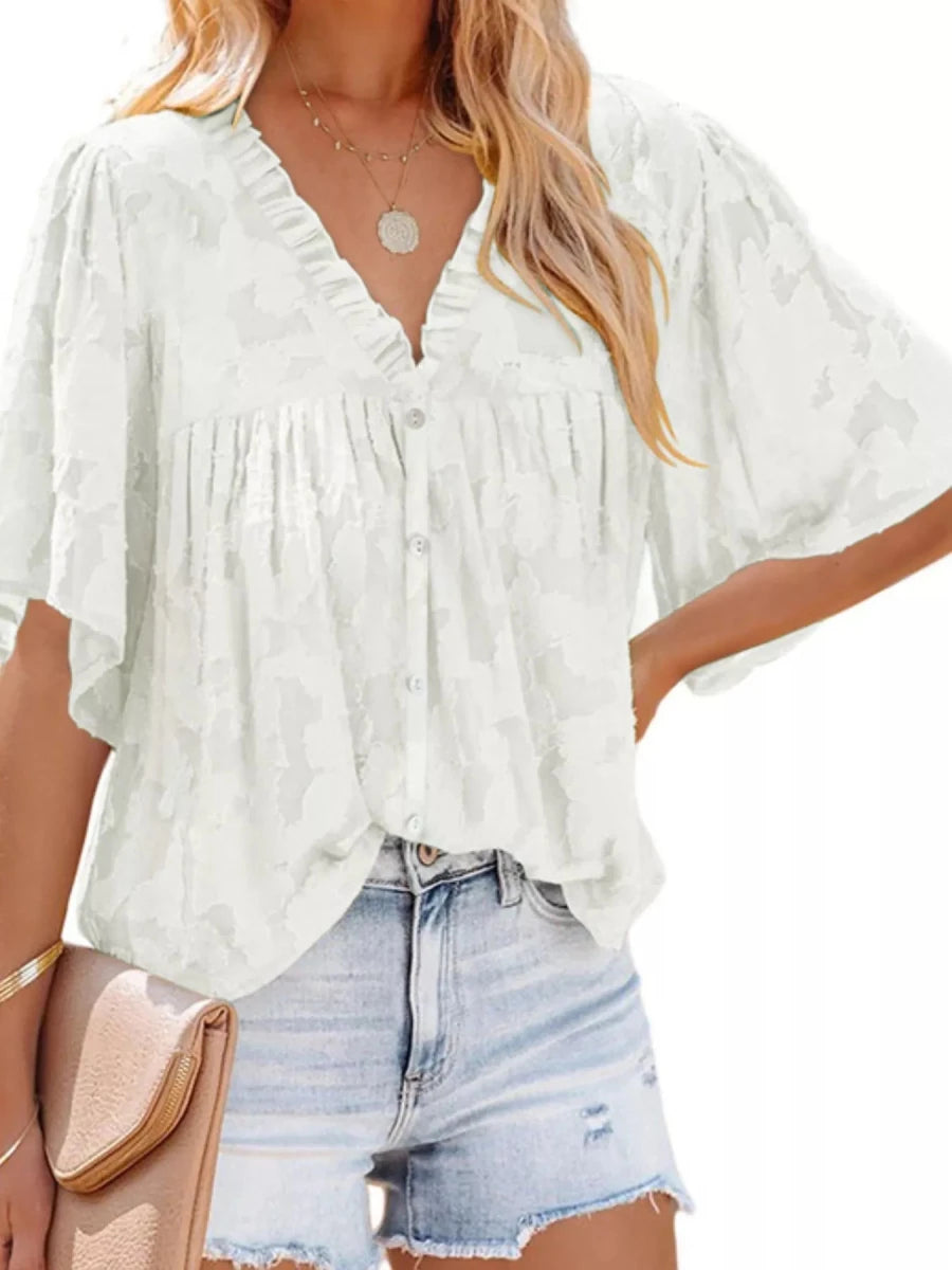 Full Size Textured V - Neck Button - Down Shirt Plus Size - Brick + Boho