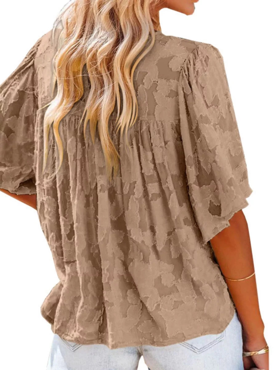 Full Size Textured V - Neck Button - Down Shirt Plus Size - Brick + Boho